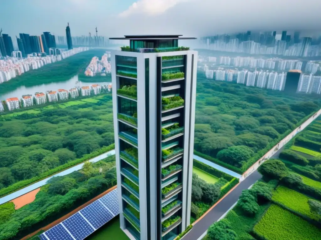 Rascacielos sostenible: ESG en inversión inmobiliaria global Inversiones inmobiliarias internacionales criterios ESG: Moderno rascacielos sostenible rodeado de vegetación en ciudad internacional