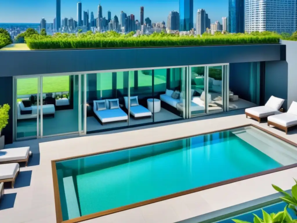 Rascacielos moderno con piscina en la azotea y vistas urbanas Inversiones inmobiliarias internacionales postCOVID: Edificio moderno de lujo con vistas a la ciudad y rooftop con piscina y jardín