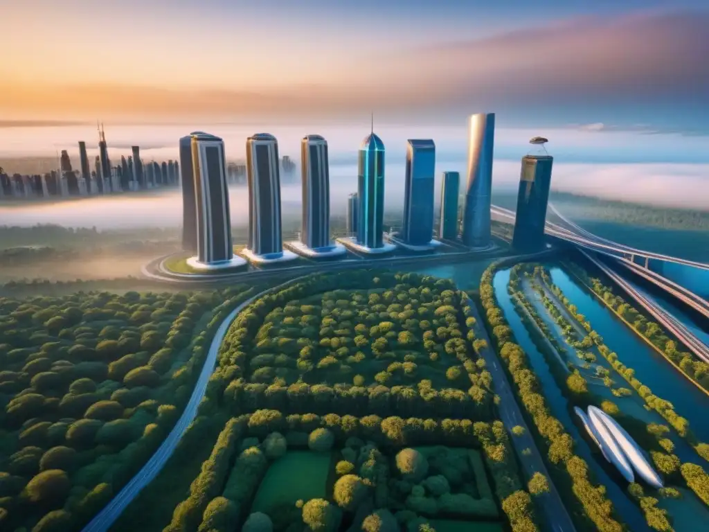Futurismo urbano: ciudad avanzada con naturaleza exuberante Inversiones inmobiliarias internacionales envejecimiento poblacional: Ciudad futurista con rascacielos, vegetación exuberante y transporte avanzado