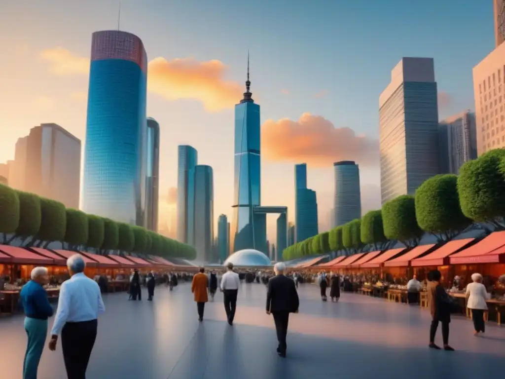 Metrópolis futurista: ancianos activos en la ciudad Inversiones inmobiliarias internacionales envejecimiento poblacional: Ciudad futurista con ancianos disfrutando de actividades al atardecer