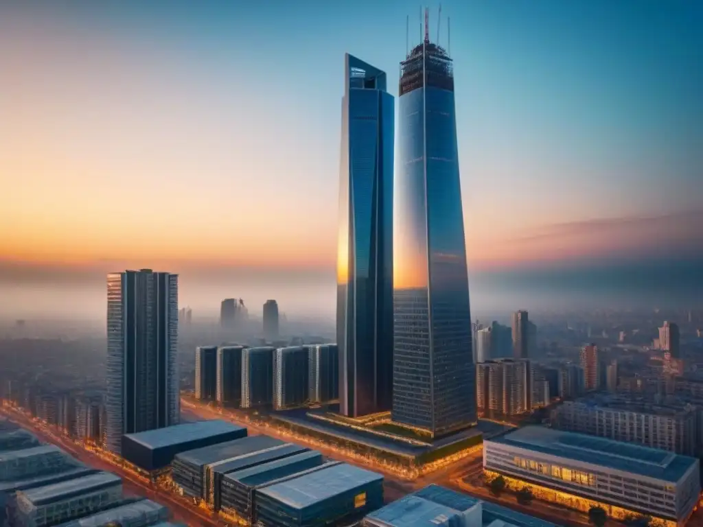 Rascacielos moderno de lujo en la ciudad vibrante Inversiones inmobiliarias internacionales estratégicas: Un rascacielos moderno y lujoso de vidrio, reflejando la vibrante ciudad alrededor