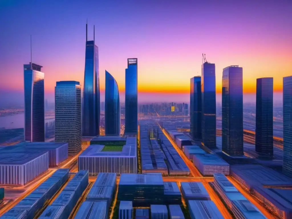 Metrópolis futurista: inversiones inmobiliarias globales Inversiones inmobiliarias internacionales estratégicas en una ciudad futurista llena de rascacielos de vidrio y acero al atardecer
