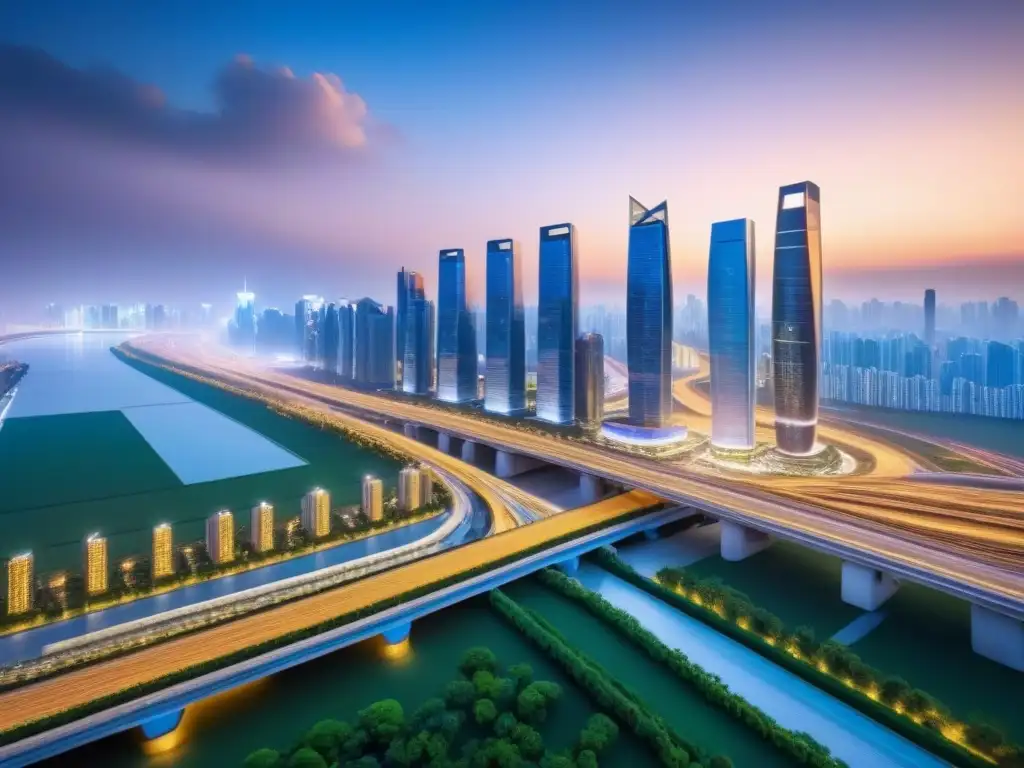 Horizonte futurista en la Iniciativa del Cinturón y Ruta Inversiones inmobiliarias internacionales en la Franja y la Ruta: una vista aérea futurista de una bulliciosa ciudad global