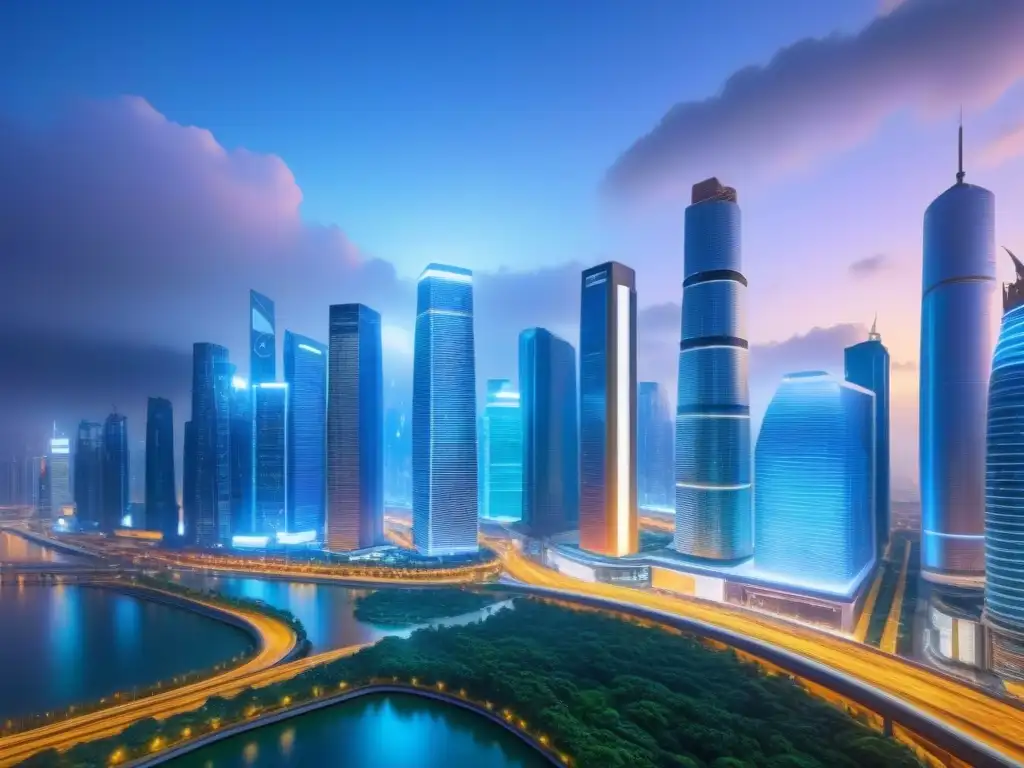 Inversionistas internacionales en metrópolis futurista Inversiones inmobiliarias internacionales Franja Ruta: Inversores discuten oportunidades en una ciudad futurista al anochecer