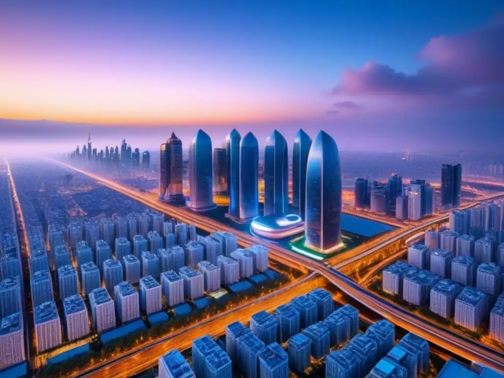 Metrópolis futurista: ciudad inteligente con tecnología IoT Inversiones inmobiliarias internacionales IoT: Ciudad futurista al anochecer, con rascacielos brillantes y una red de carreteras iluminadas