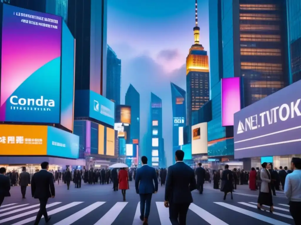 Metrópolis futurista: luces y negocios en la era postpandemia Inversiones inmobiliarias internacionales postpandemia: Ciudad futurista iluminada por luces de colores, rascacielos innovadores y datos financieros en pantallas digitales