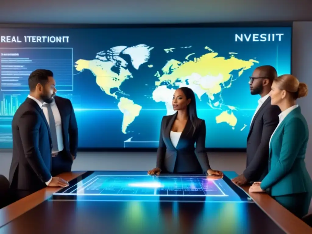 Inversores internacionales analizan datos inmobiliarios en sala futurista Inversiones inmobiliarias internacionales: Grupo diverso de inversores analizando datos en holograma global en moderna sala de juntas