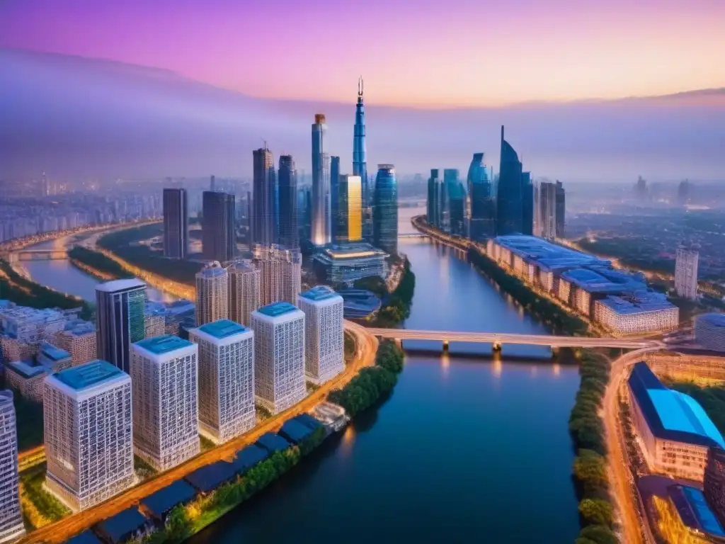 Espectacular vista aérea de una ciudad vibrante al anochecer Inversiones inmobiliarias internacionales en inflación: Vista aérea impresionante de una ciudad moderna iluminada por luces de colores al anochecer
