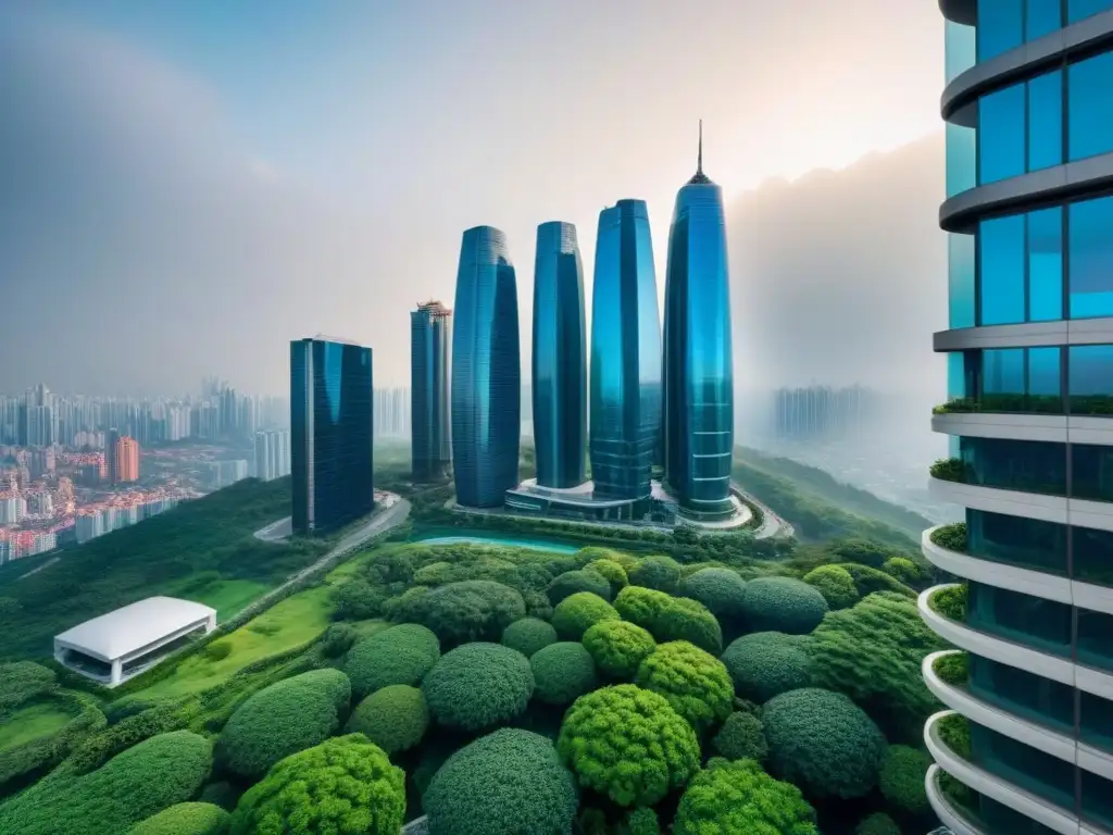 Inversiones Inmobiliarias Globales: Rascacielos de Lujo Inversiones inmobiliarias internacionales en inflación: lujoso rascacielos moderno rodeado de exuberante vegetación urbana