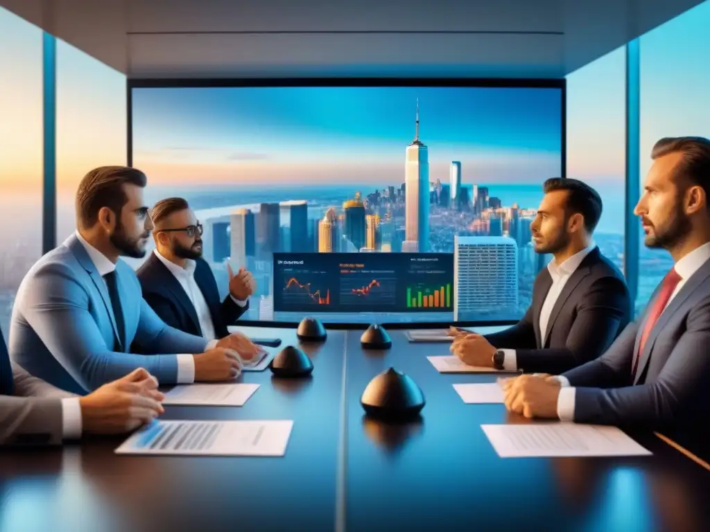 Inversores globales debatiendo estrategias inmobiliarias Inversiones inmobiliarias internacionales: inversores en sala de juntas con tecnología y gráficos globales