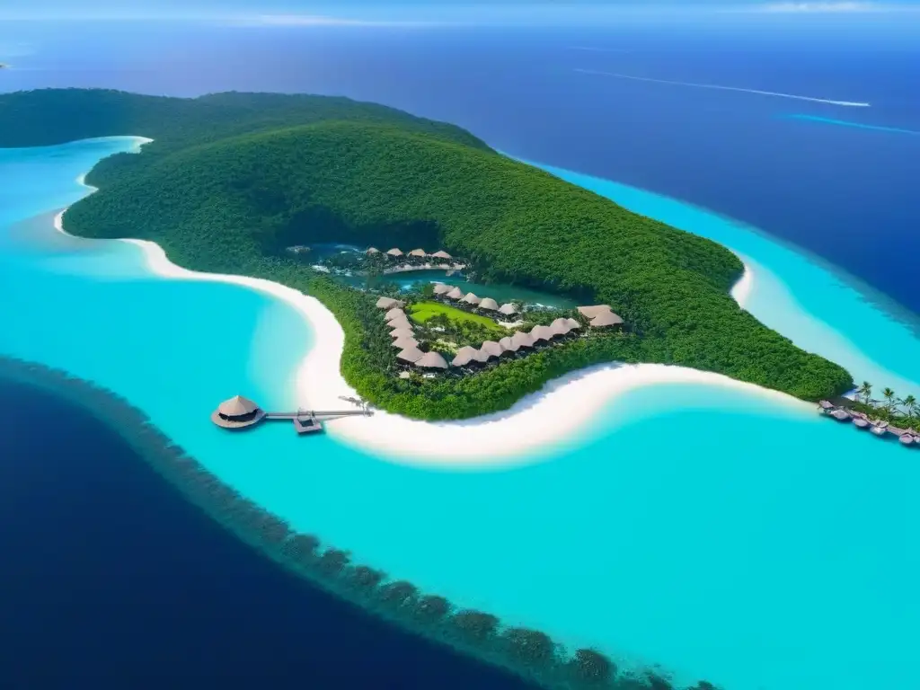 Paraísos privados de lujo: isla exclusiva con tecnología y elegancia Inversiones inmobiliarias internacionales en islas: Vista aérea de una isla privada de lujo con amenidades modernas y tecnología avanzada