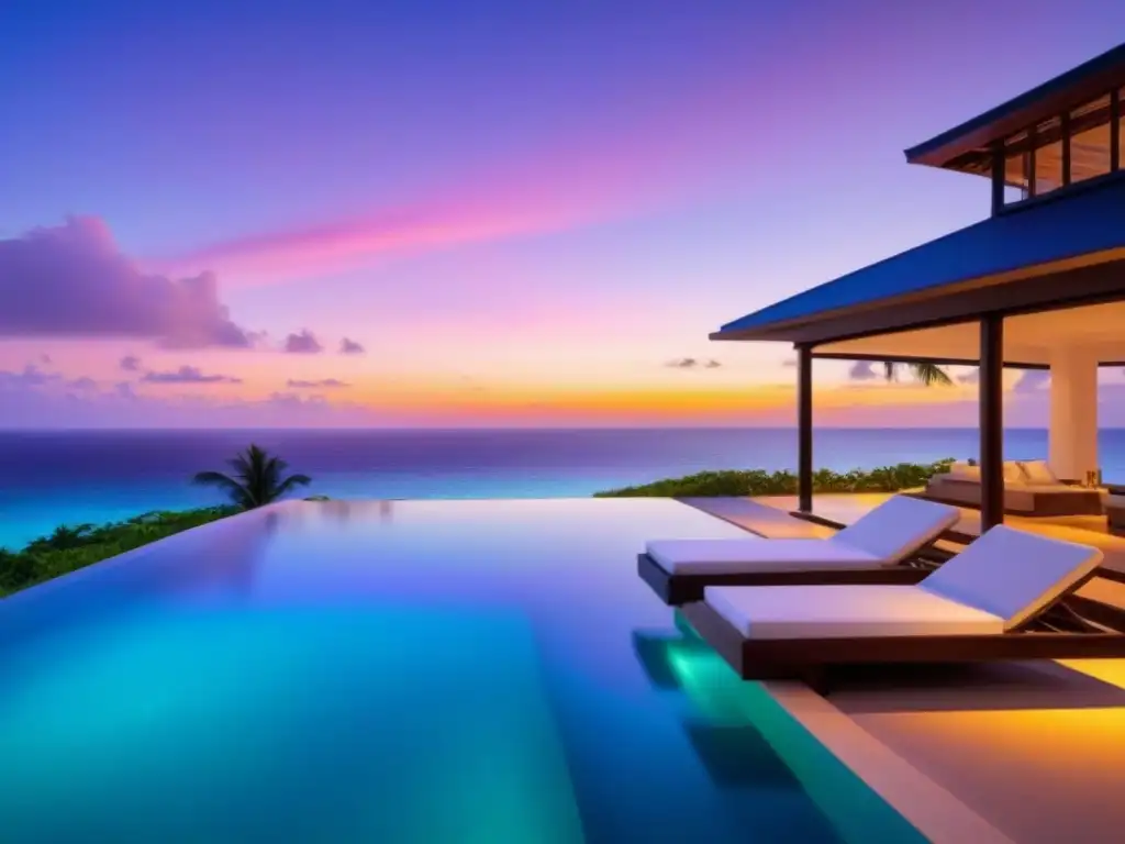 Propiedad de lujo frente al mar en el Caribe al atardecer Inversiones inmobiliarias internacionales en el Caribe: Casa de lujo frente al mar al atardecer, con diseño moderno y piscina infinita privada