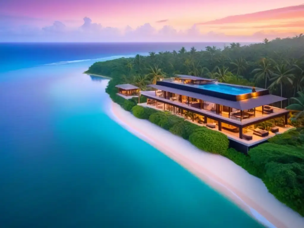 Propiedad de lujo frente al mar con helipuerto privado y piscina infinita Inversiones inmobiliarias internacionales de lujo: Propiedad de playa con diseño moderno, piscina infinita, helipuerto privado y atardecer dorado