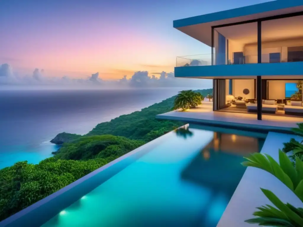 Villa de lujo en acantilado con vistas al mar turquesa Inversiones inmobiliarias internacionales de lujo: Villa moderna de lujo en acantilado con piscina infinita y vistas al mar turquesa al atardecer