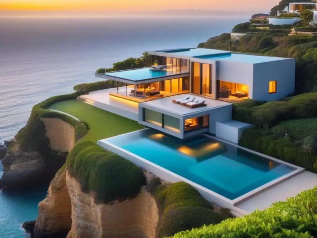Mansión de lujo en acantilado con vista al mar y atardecer dorado Inversiones inmobiliarias internacionales de lujo: Mansión de celebridades en acantilado con vista al mar y arquitectura moderna