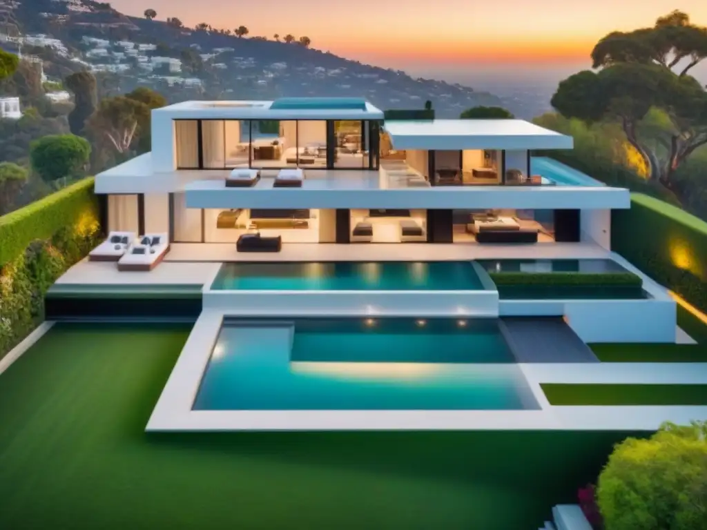 Resplandeciente mansión de lujo en Hollywood Hills Inversiones inmobiliarias internacionales de lujo: Mansión moderna en Hollywood Hills con piscina infinita y atardecer dorado