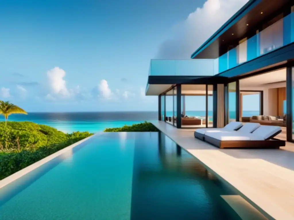 Villa de lujo frente al mar en el Caribe: paraíso sofisticado Inversiones inmobiliarias internacionales en el Caribe: Una lujosa villa frente a la playa con diseño moderno y vistas panorámicas al mar al atardecer