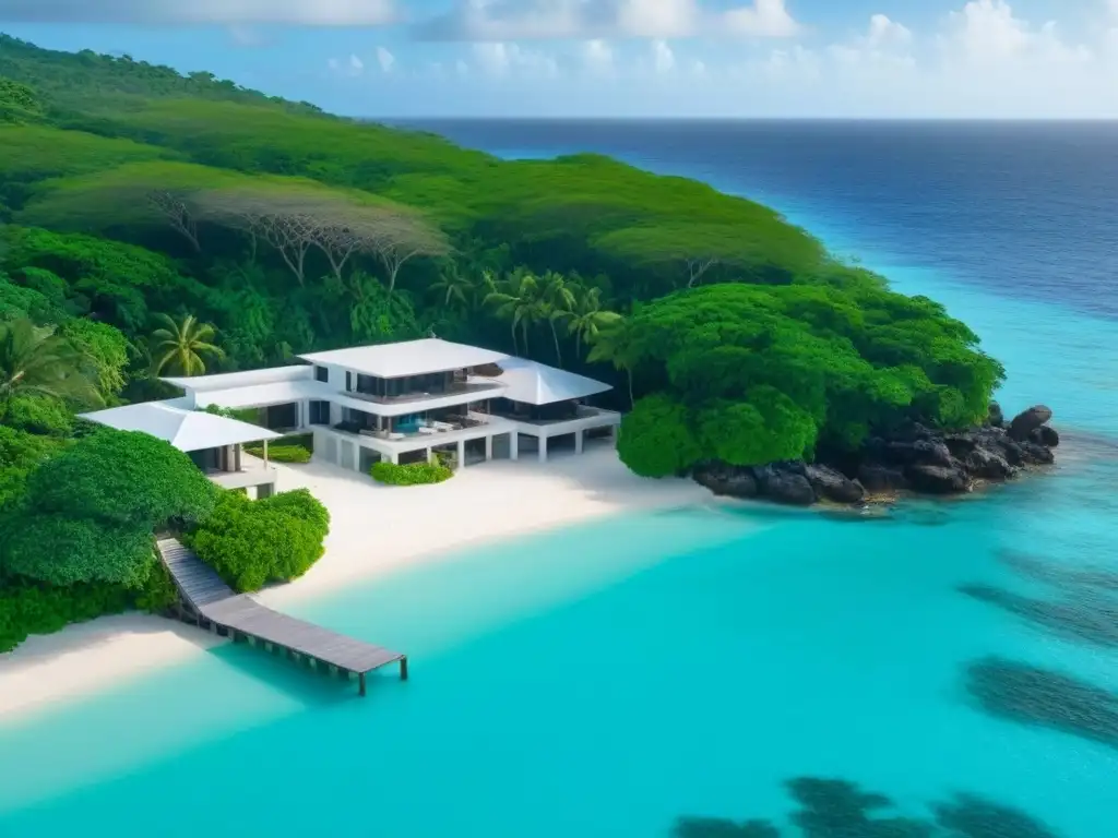 Villa de lujo en el Caribe con piscina infinita y muelle privado Inversiones inmobiliarias internacionales en el Caribe: lujosa villa con piscina infinita y vistas al mar turquesa y vegetación tropical exuberante