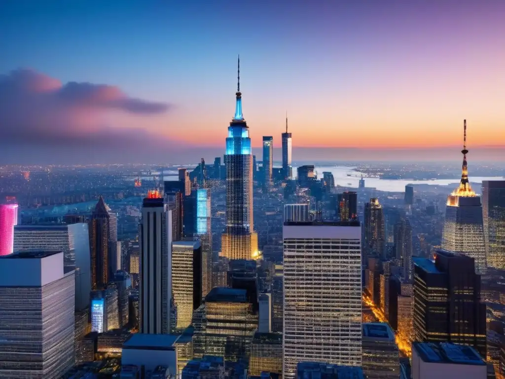 Inversiones globales: reunión de inversores en ciudad nocturna Inversiones inmobiliarias internacionales mercado: Inversores globales deciden estratégicamente entre emblemáticos rascacielos iluminados por la noche