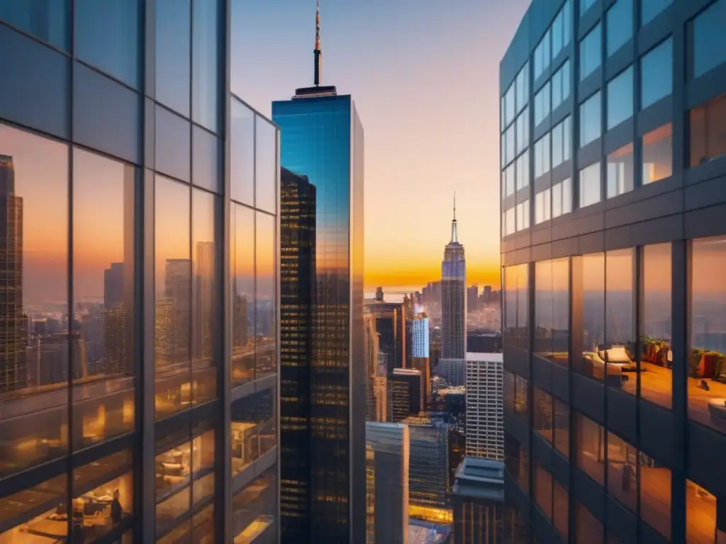 Oportunidades inmobiliarias en América: ciudad vibrante al atardecer Inversiones inmobiliarias internacionales mercado: Moderna oficina en ciudad estadounidense al atardecer, reflejos dorados en rascacielos