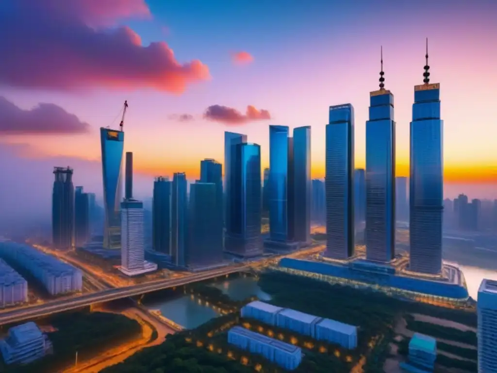 Metrópolis emergente: fusión global y oportunidades locales Inversiones inmobiliarias internacionales en mercados emergentes: Ciudad dinámica al atardecer, fusionando capital global con oportunidades locales