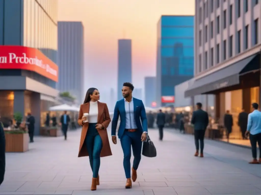 Skyline urbano al atardecer: modernidad y energía en la ciudad Inversiones inmobiliarias internacionales para milenials: una metrópolis vibrante al anochecer con rascacielos modernos iluminados y jóvenes profesionales en las calles
