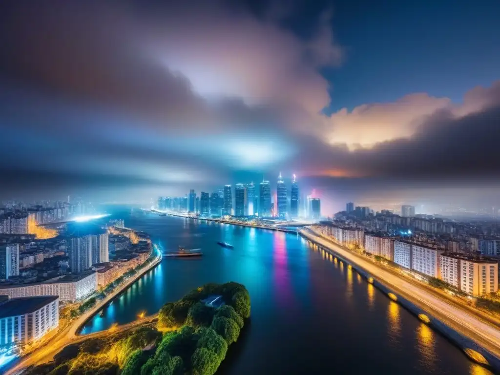 Cityscape nocturno 8k: mercado inmobiliario internacional vibrante Inversiones inmobiliarias internacionales Generación Z: Ciudad nocturna con rascacielos modernos y luces coloridas reflejadas en un río