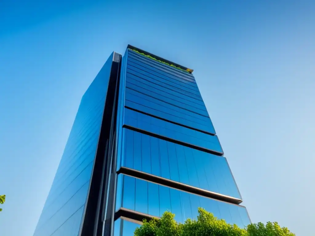 Rascacielos futurista de lujo en entorno natural exuberante Inversiones inmobiliarias internacionales postcrisis: rascacielos futurista rodeado de vegetación exuberante bajo cielo azul claro