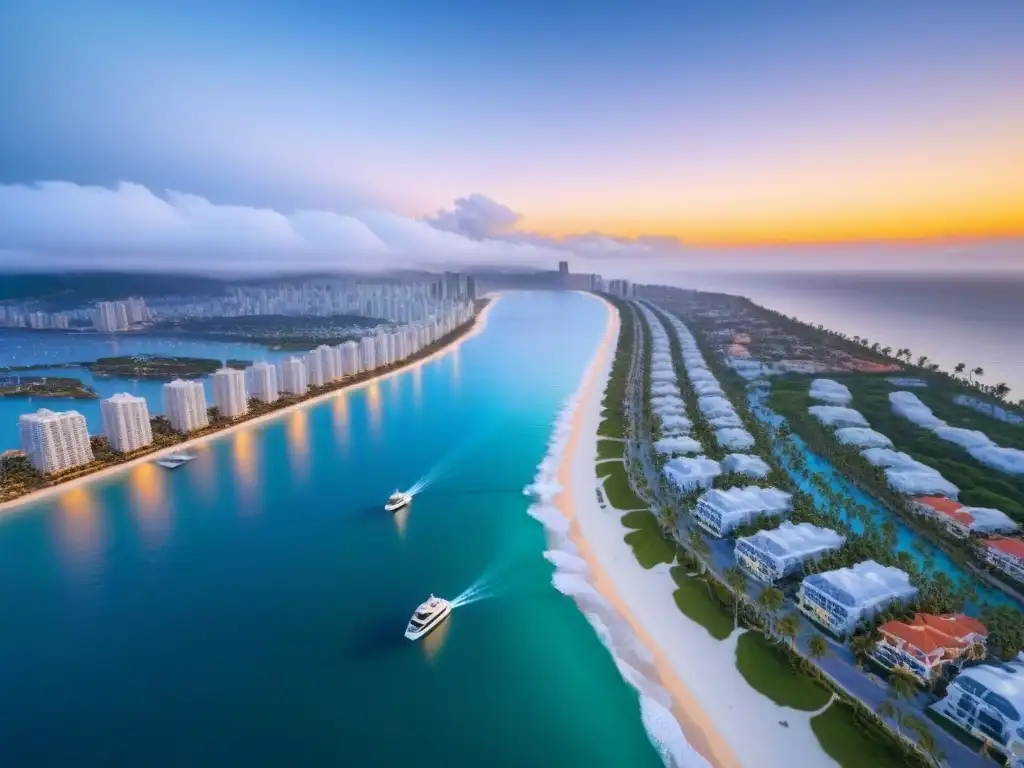 Vista aérea de ciudad costera: lujo y belleza al atardecer Inversiones inmobiliarias internacionales potencial turístico en una ciudad costera lujosa al atardecer