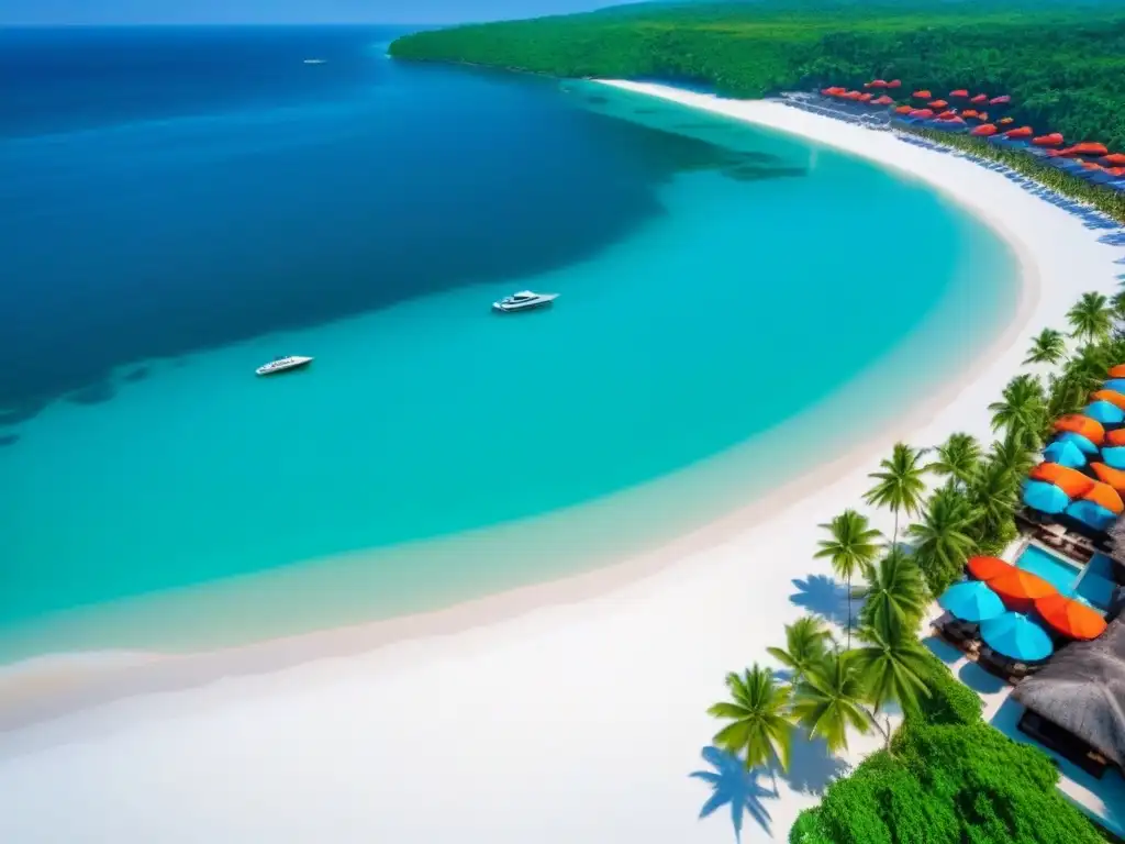 Paraíso playero de lujo: resort frente al mar Inversiones inmobiliarias internacionales potencial turístico: Resort de lujo frente a la playa, aguas turquesas, arena blanca y palmeras
