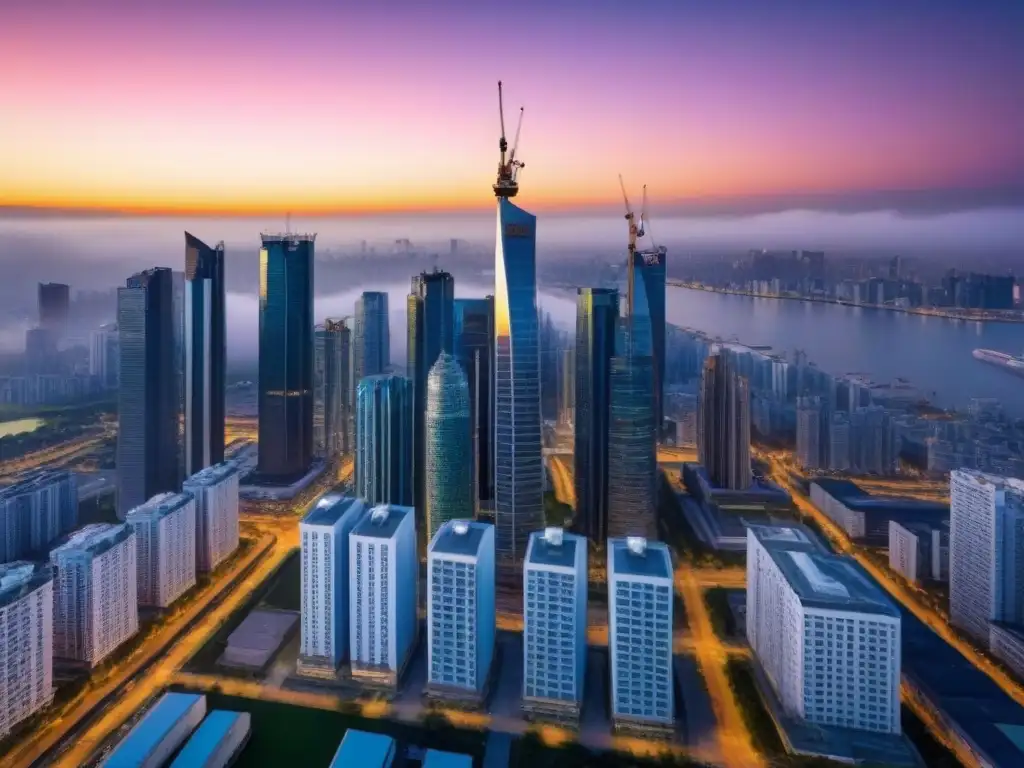 Espectacular ciudad en crecimiento: oportunidades de inversión Inversiones inmobiliarias internacionales para principiantes: Vista aérea impresionante de una ciudad moderna en crecimiento al atardecer