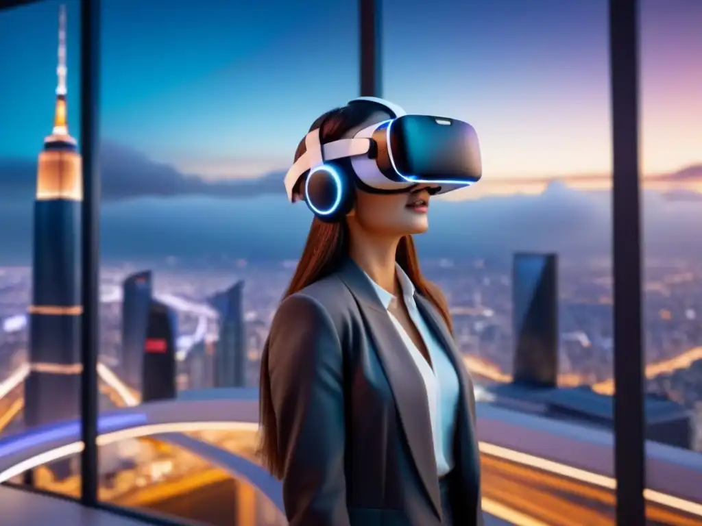 Realidad virtual avanzada: lujo en 3D de rascacielos Inversiones inmobiliarias internacionales con realidad virtual: Detalles futuristas de un visor VR proyectando un rascacielos de lujo en 3D