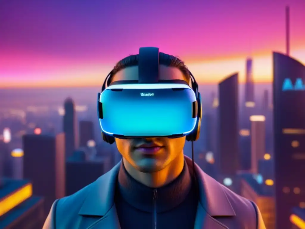 Headset futurista en metrópolis vibrante: VR inmobiliario global Inversiones inmobiliarias internacionales con realidad virtual: Un headset futurista brilla sobre una ciudad vibrante y futurista en tonos neón