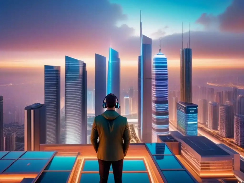Metrópolis futurista: Inversiones inmersivas en real estate 8k Inversiones inmobiliarias internacionales en realidad virtual: visión futurista de una ciudad con rascacielos, pasarelas transparentes y luces de neón