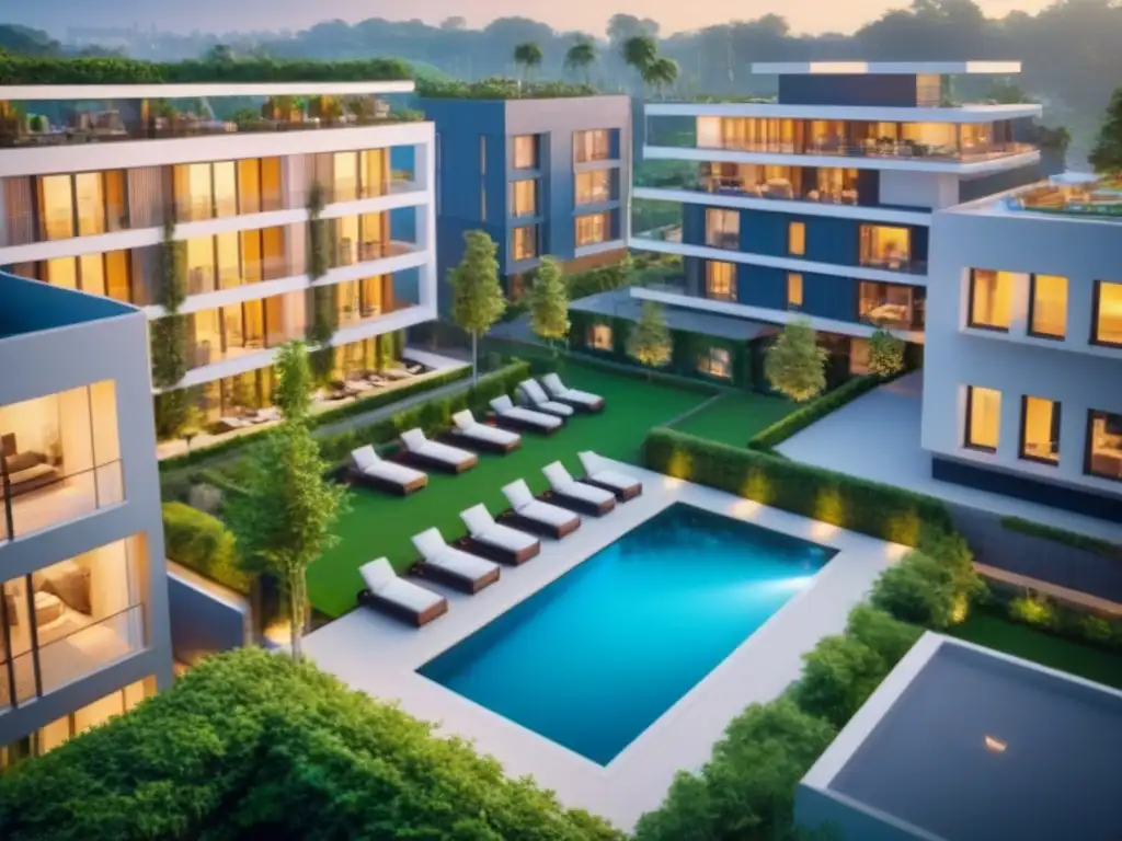 Residencial de lujo al atardecer en ciudad de Norteamérica Inversiones inmobiliarias internacionales rentables 2023: Complejo residencial moderno al atardecer en ciudad norteamericana