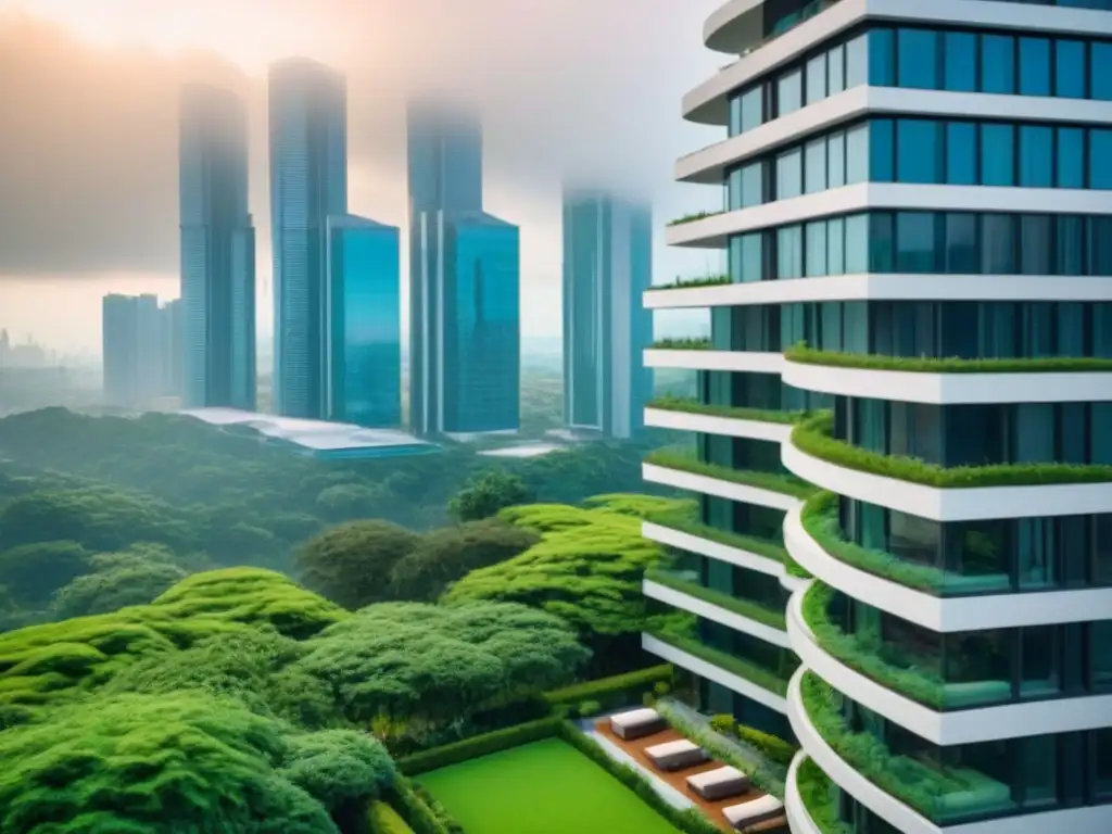 Edificio de lujo: moderno y sofisticado con vista panorámica Inversiones inmobiliarias internacionales rentables 2023: Imponente rascacielos moderno rodeado de vegetación y una vibrante ciudad al fondo