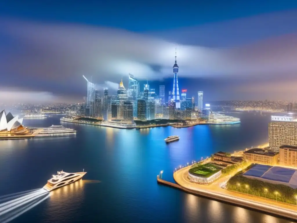 Inversión global: skyline de luces y oportunidades inmobiliarias Inversiones inmobiliarias internacionales rentables: un horizonte global nocturno con emblemáticos hitos y rascacielos iluminados