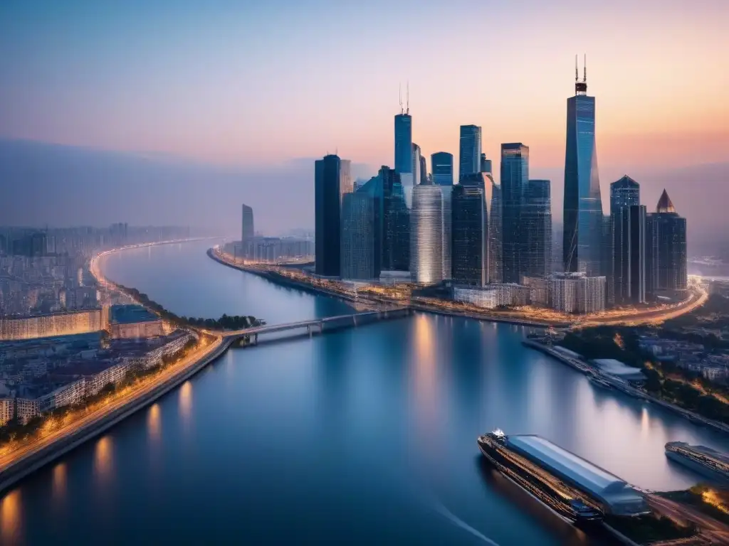 Inversiones inmobiliarias internacionales: luces de la ciudad al atardecer Inversiones inmobiliarias internacionales rentables: Vista de la ciudad moderna iluminada y reflejada en un río al anochecer