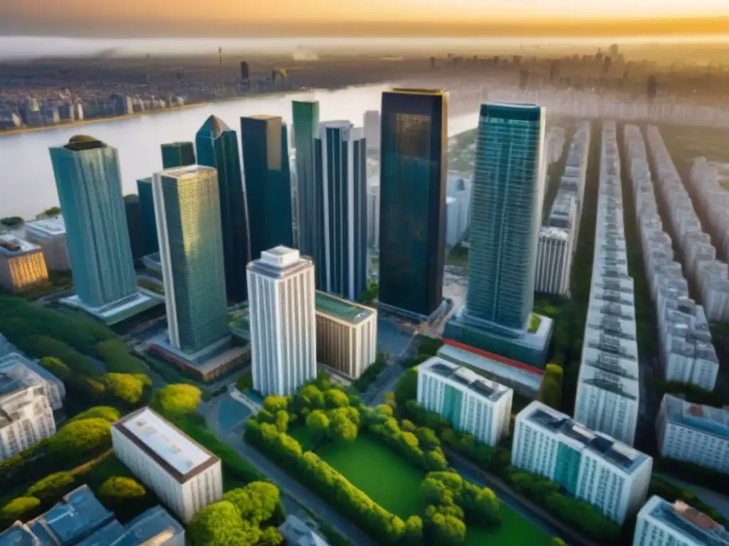 Oportunidades de inversión: Skyline urbano diverso Inversiones inmobiliarias internacionales rentables: Vista aérea de una ciudad diversa, entre rascacielos modernos y arquitectura histórica, bañada en luz dorada con parques verdes y bulliciosas calles