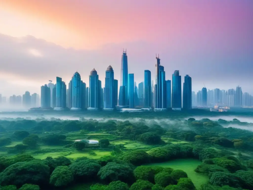 Metrópolis futurista: rascacielos y parques verdes Inversiones inmobiliarias internacionales rentables: Ciudad futurista con rascacielos y parques verdes