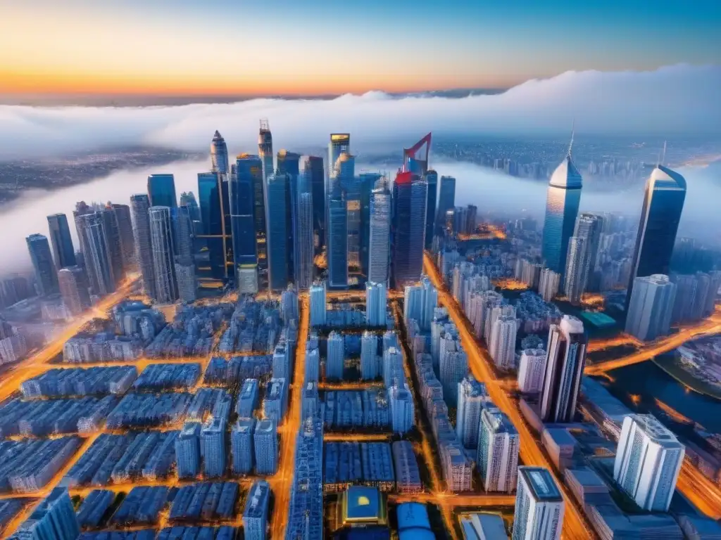 Skyline urbano: Inversiones inmobiliarias en economía emergente Inversiones inmobiliarias internacionales rentables: Una ciudad bulliciosa llena de rascacielos modernos y vibrante mercado inmobiliario