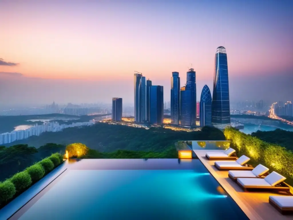 Edificio de lujo con piscina infinita en la azotea y vistas a la ciudad al atardecer Inversiones inmobiliarias internacionales rentables: Edificio de lujo con piscina infinity y vistas a la ciudad al anochecer