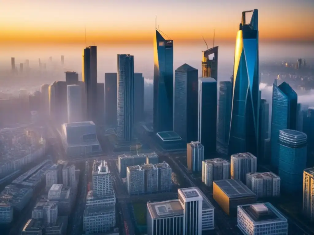 Oportunidades de inversión global: Skyline moderno y ejecutivos dinámicos al atardecer Inversiones inmobiliarias internacionales rentables: Profesionales en ciudad moderna con rascacielos al atardecer