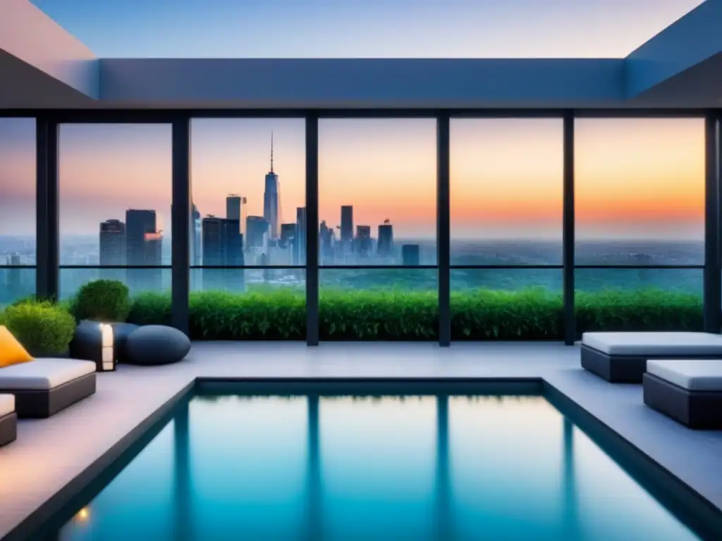 Edificio de lujo con vistas panorámicas y piscina en la azotea Inversiones inmobiliarias internacionales rentables: Edificio moderno con vista panorámica de la ciudad y piscina en la azotea al atardecer