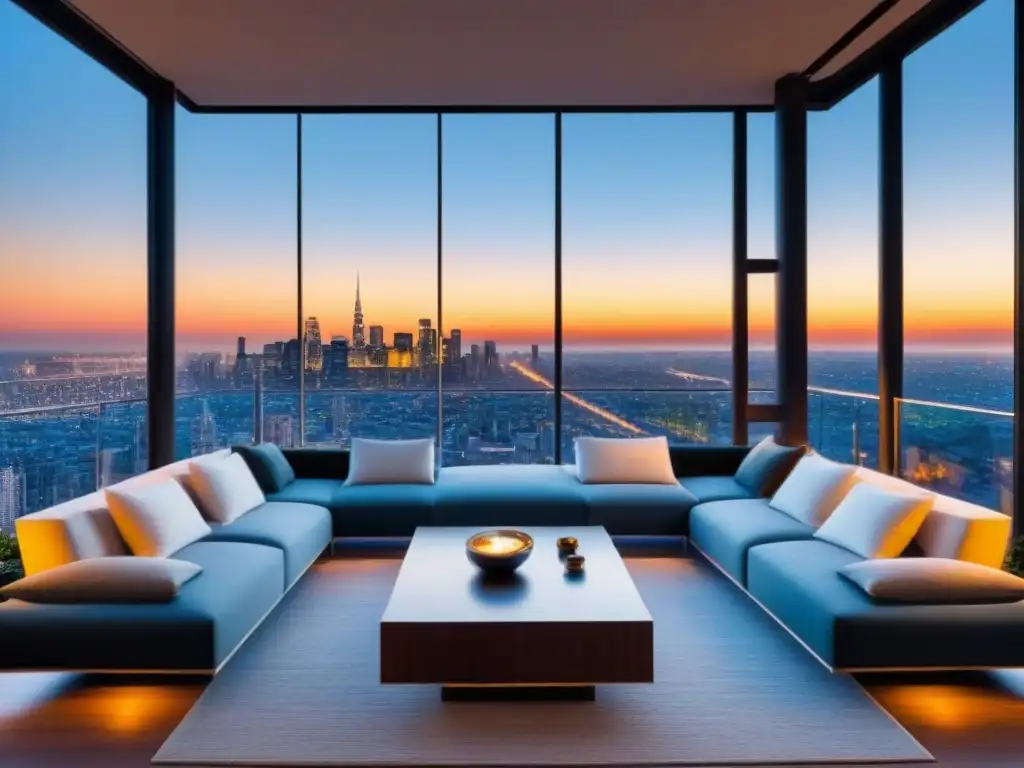 Penthouse de lujo con vistas a la ciudad al atardecer Inversiones inmobiliarias internacionales rentables: lujoso ático moderno con vista a la ciudad al atardecer