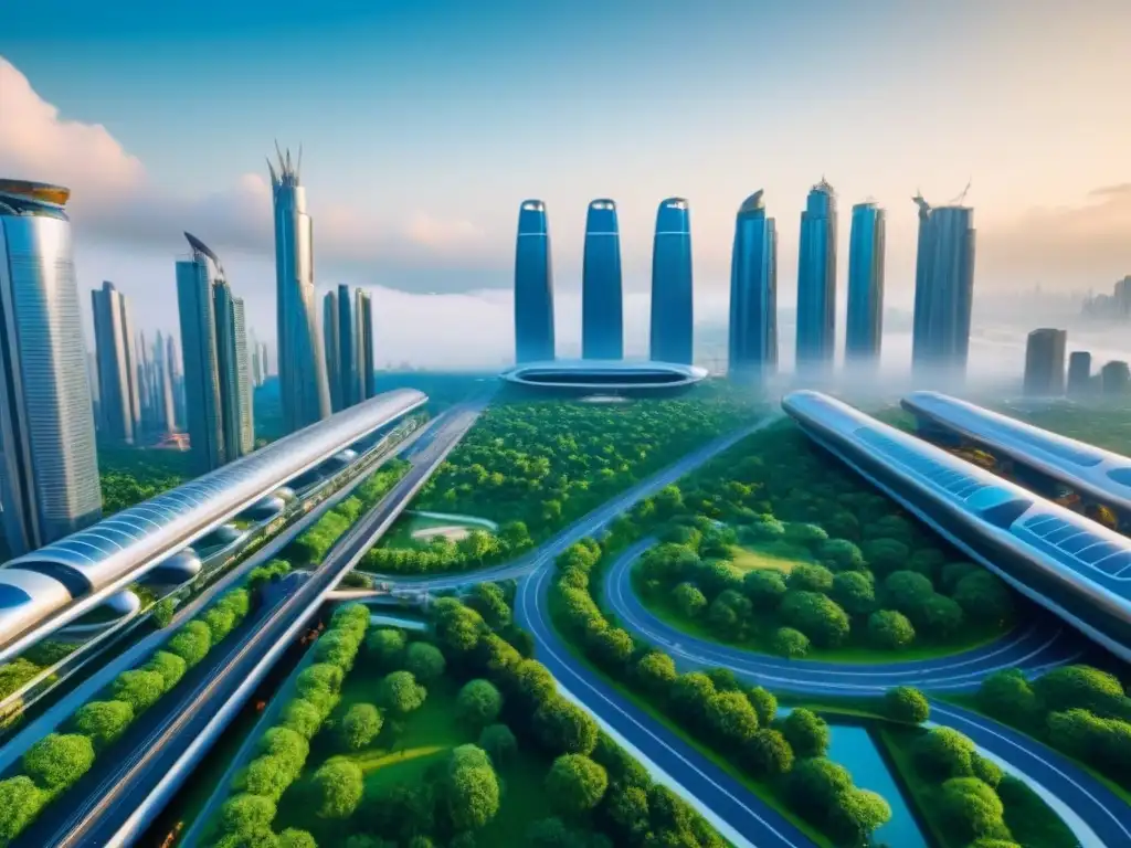 Inversión inmobiliaria internacional: ciudad futurista y sostenible Inversiones inmobiliarias internacionales rentables: Ciudad futurista con rascacielos innovadores, vegetación exuberante y transportes avanzados