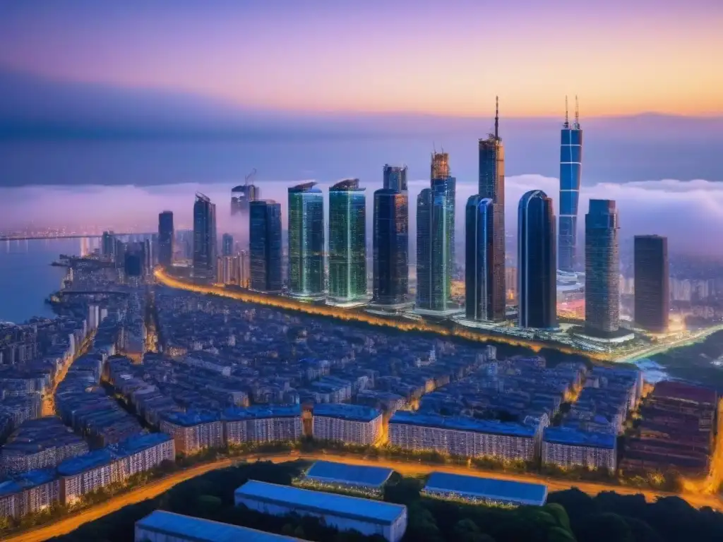 Inversiones inmobiliarias internacionales: skyline vibrante y lucrativo Inversiones inmobiliarias internacionales rentables: Vista aérea de una ciudad moderna con rascacielos, simbolizando oportunidades y crecimiento