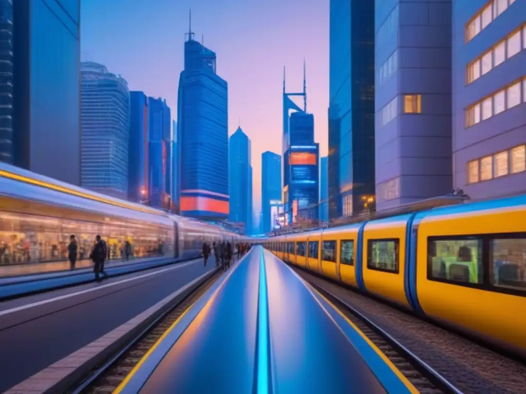 Metrópolis futurista: luces neón y trenes de alta velocidad Inversiones inmobiliarias internacionales rentables: Metrópolis futurista con rascacielos iluminados y trenes de alta velocidad