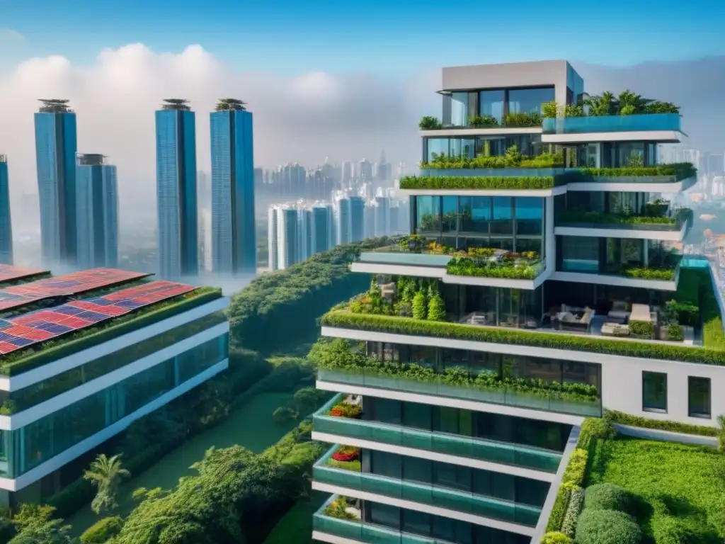 Rascacielos moderno rodeado de naturaleza exuberante Inversiones inmobiliarias internacionales seguras: Imponente rascacielos moderno rodeado de vegetación, reflejando cielo azul y ciudad bulliciosa