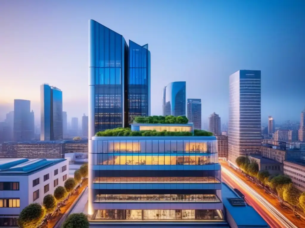 Edificio inteligente del futuro en ciudad innovadora Inversiones inmobiliarias internacionales seguras: Edificio futurista con tecnología avanzada en centro urbano